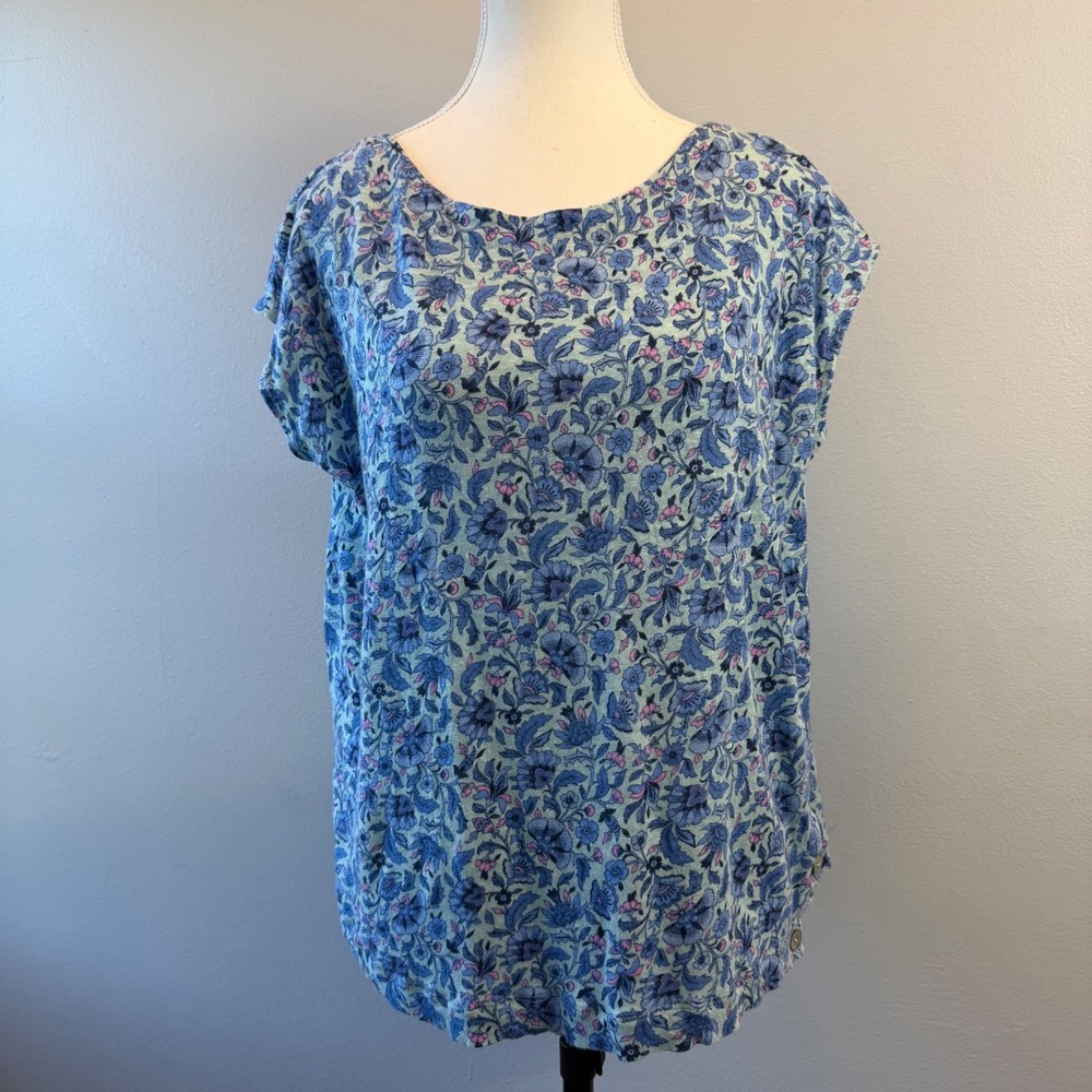 J. Jill Medium Blue Floral Knit Sleeve Top Side Button Detail Cottage Feminine